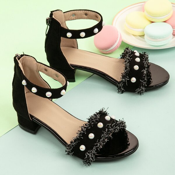 

Girls Faux Pearl Decor Fringe Trim Sandals, Black