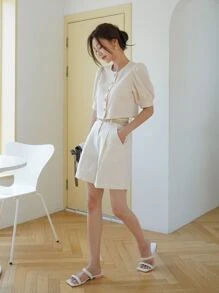 DAZY Áo crop top tay phồng cài cúc phía trước - Màu Khaki - Xem 7