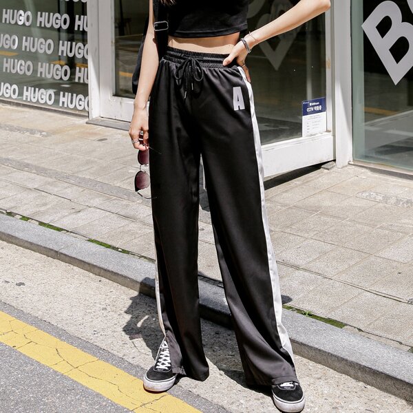 

Contrast Sideseam Drawstring Waist Pants, Black