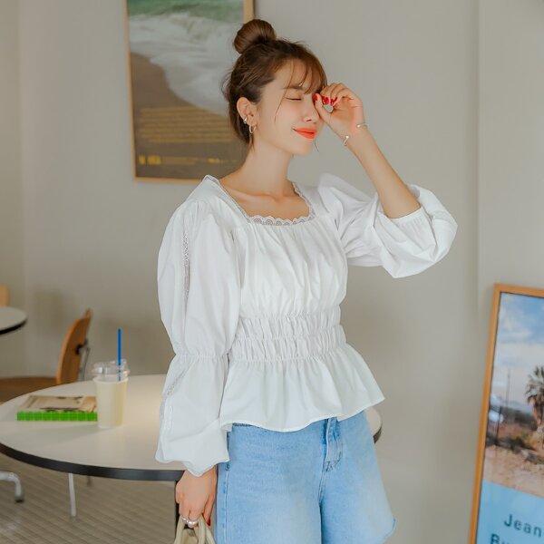 

Square Neck Ruched Bust Peplum Blouse, White