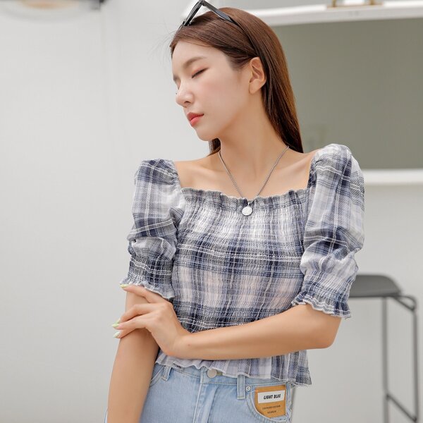 

Puff Sleeve Plaid Shirred Blouse, Multicolor
