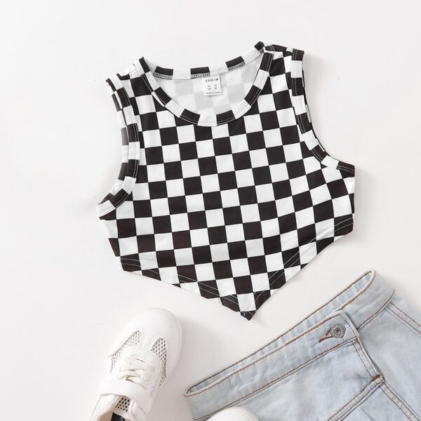 

Girls Checked Bandana Tank Top, Black and white
