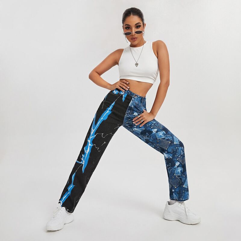 

Lightning & Graphic Print Straight Leg Jeans, Multicolor