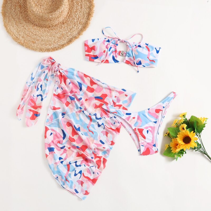 

3pack Graphic Bikini Swimsuit With Beach Skirt, Multicolor