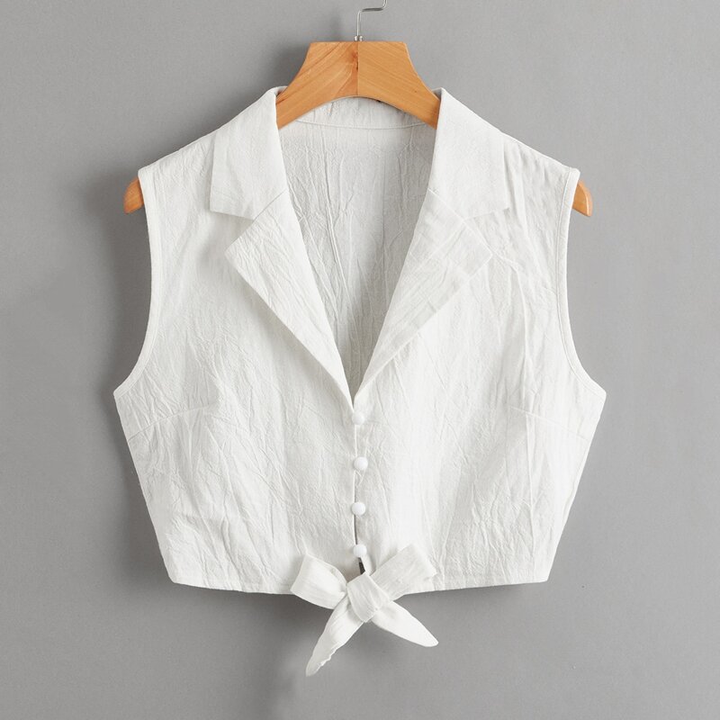 

Solid Button Bow Sleeveless Blouse, White