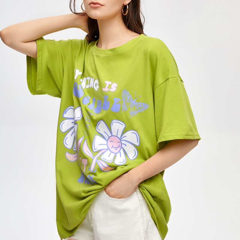 

Letter Floral Graphic Oversized Tee, Lime green