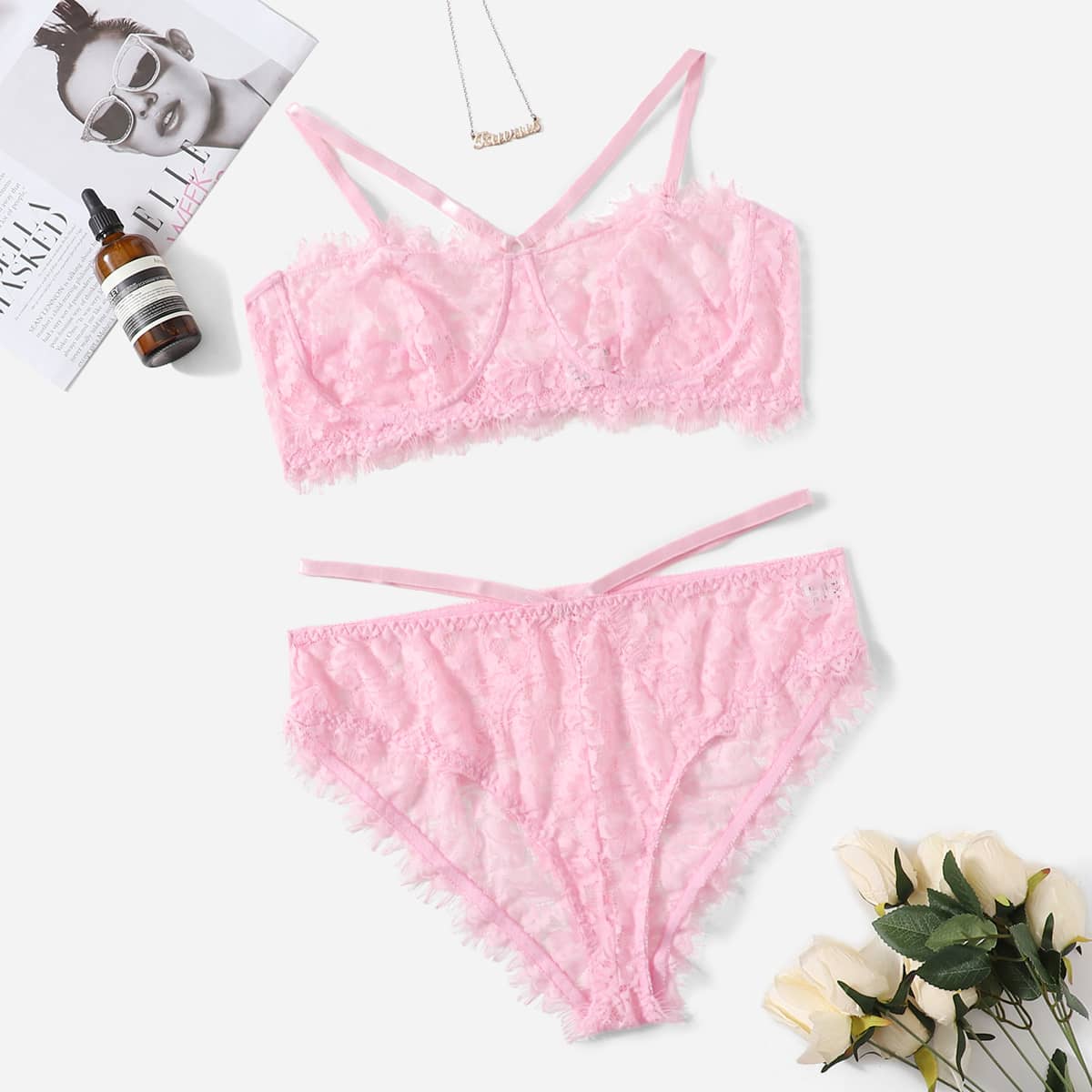 

Plus Floral Lace Lingerie Set, Baby pink