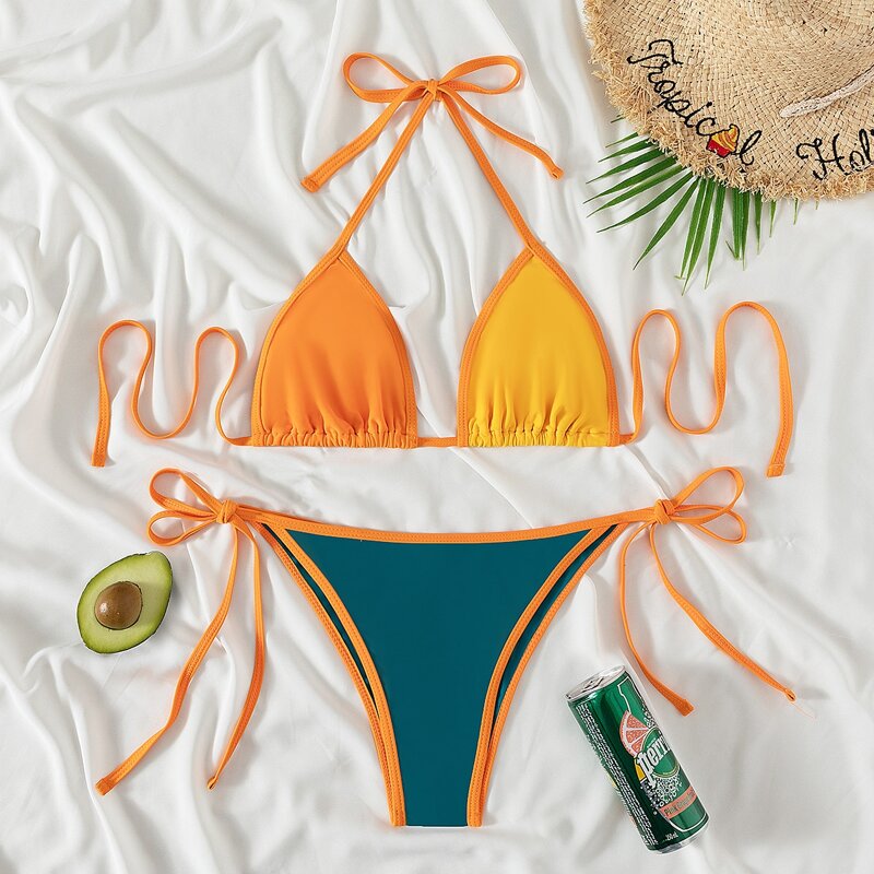 

Color Block Triangle Tie Side Bikini Swimsuit, Multicolor