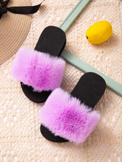 1pair Girls' Minimalist Plush Comfortable Indoor Children's Slippers