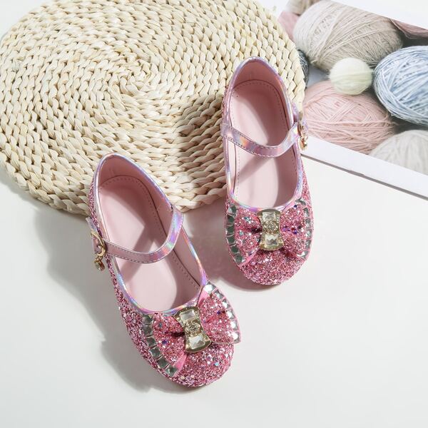 

Girls Bow Decor Glitter Mary Janes, Pink