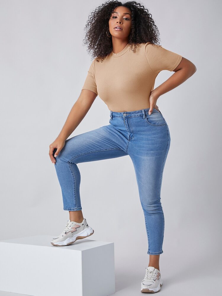 SHEIN BASICS Plus Solid Slim Tee - Apricot - View 3