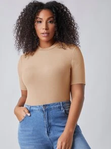 SHEIN BASICS Plus Solid Slim Tee - Apricot - View 4