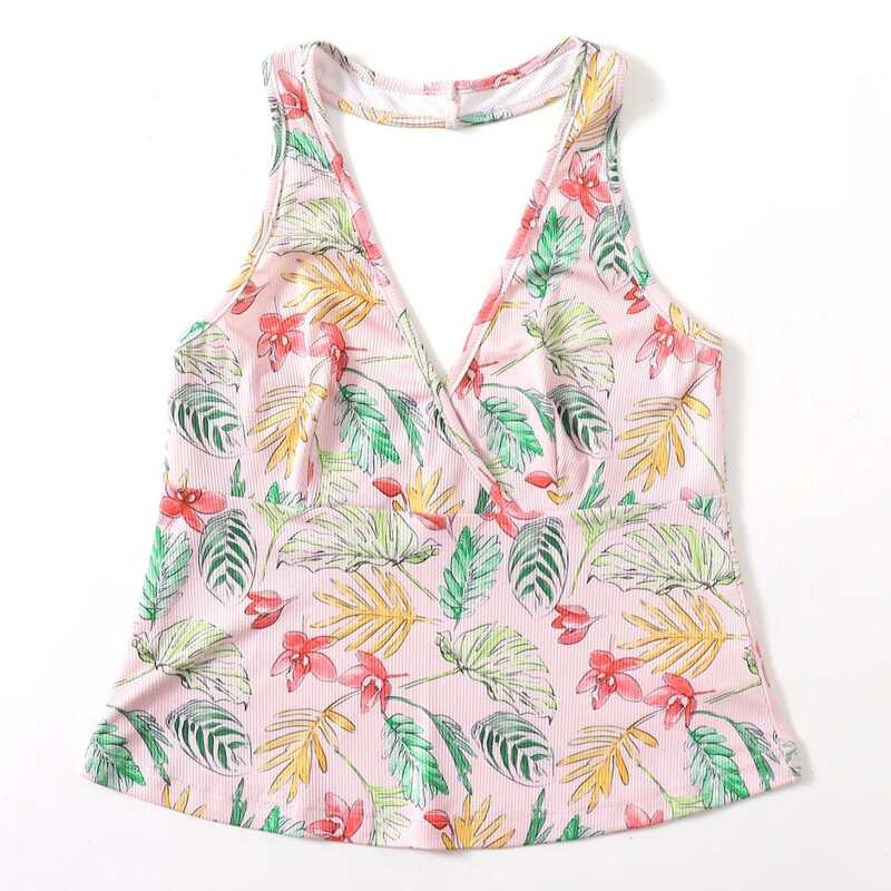

Leaf Print Ribbed Halter Top, Multicolor