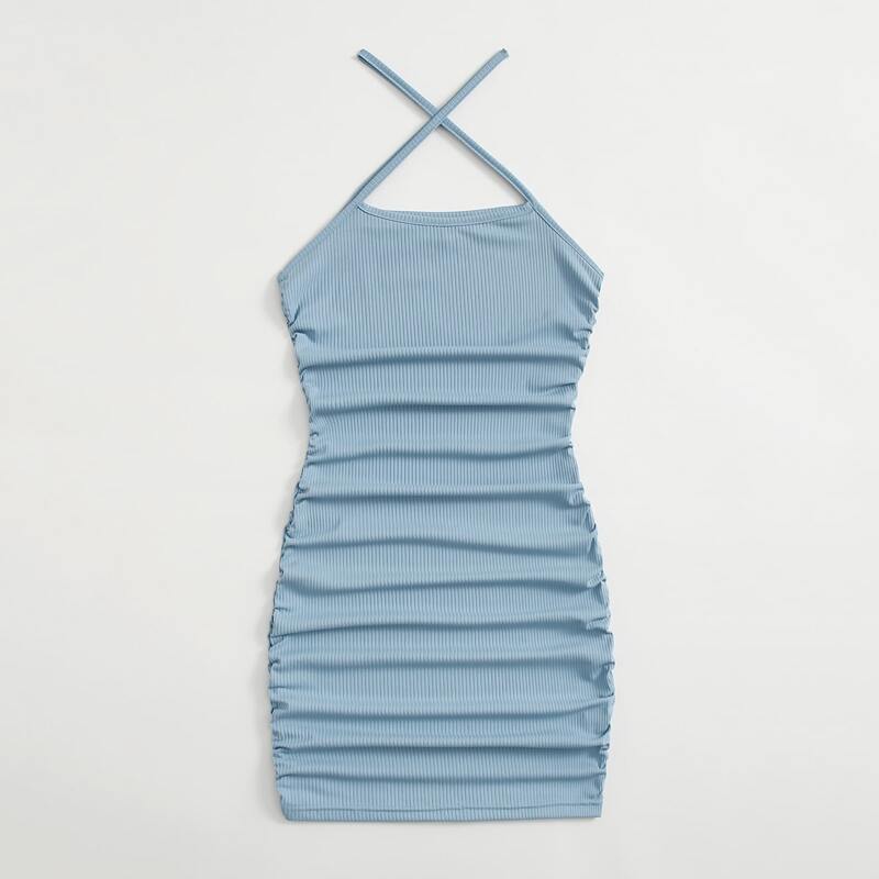 

Solid Ruched Bodycon Dress, Blue