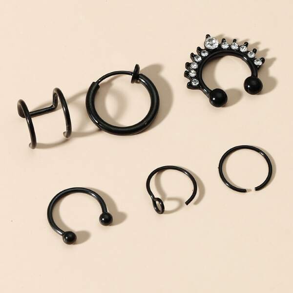 

6pcs Men Rhinestone Decor Nose Ring, Black