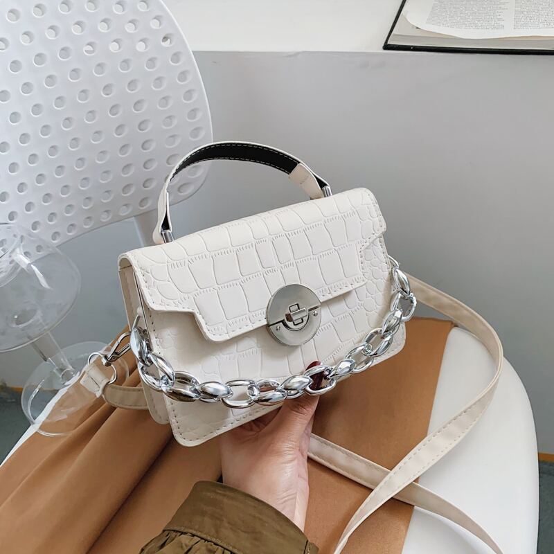 

Chain Decor Croc Embossed Satchel Bag, White