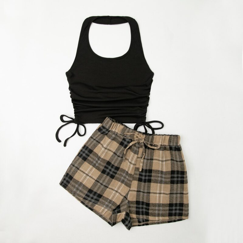 

Solid Drawstring Halter Top & Plaid Shorts, Multicolor