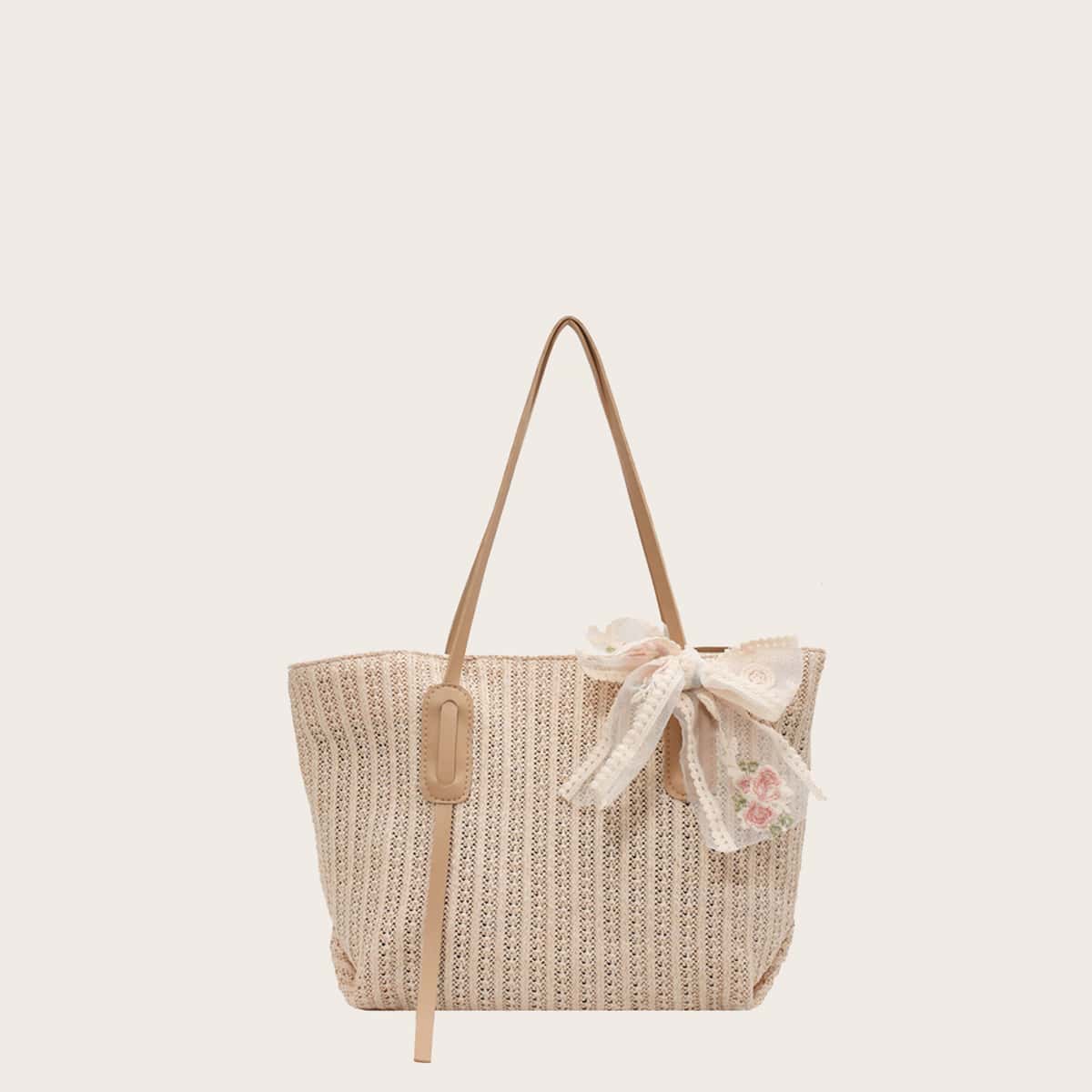 

Bow Decor Straw Bag, Beige