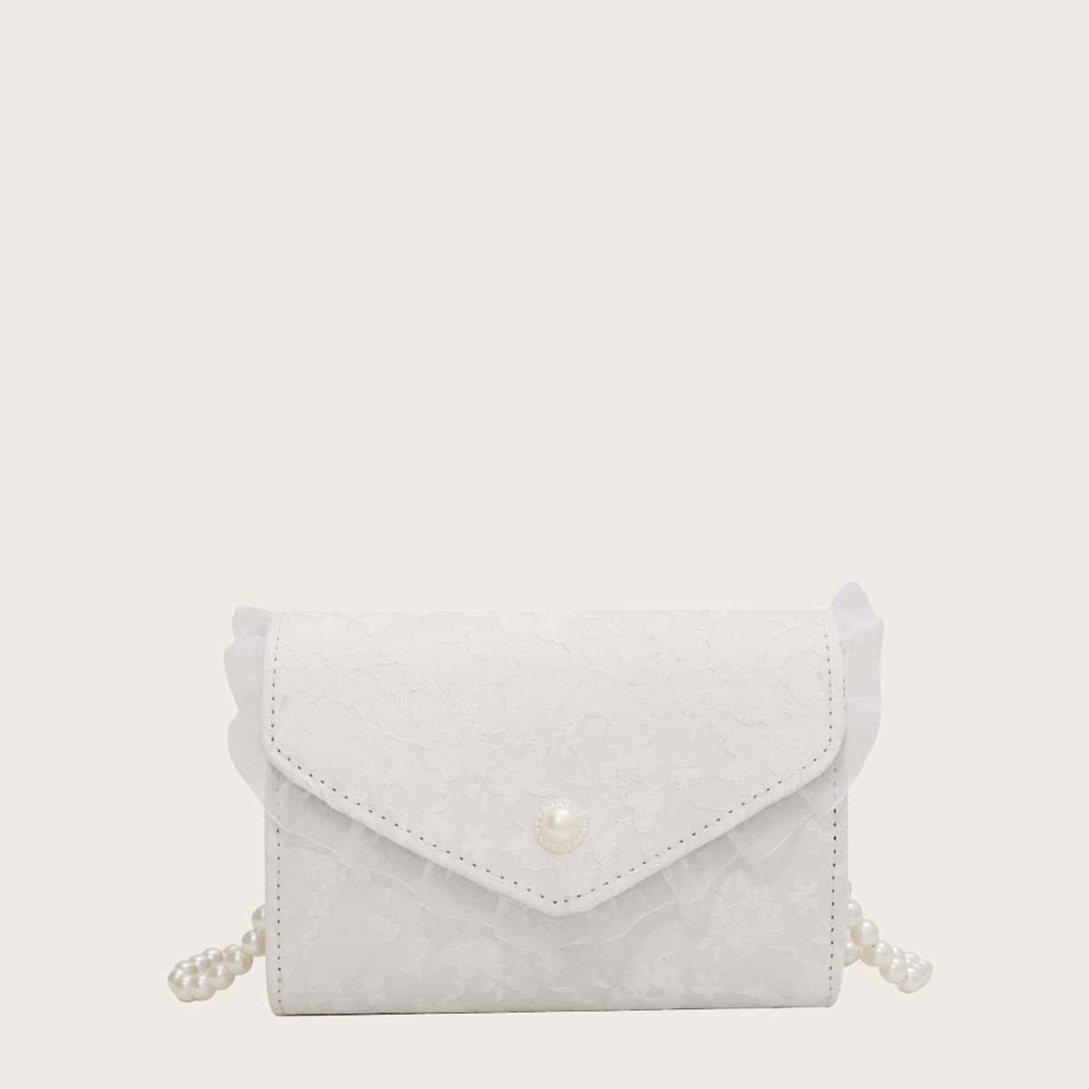 

Frill Trim Floral Lace Crossbody Bag, White