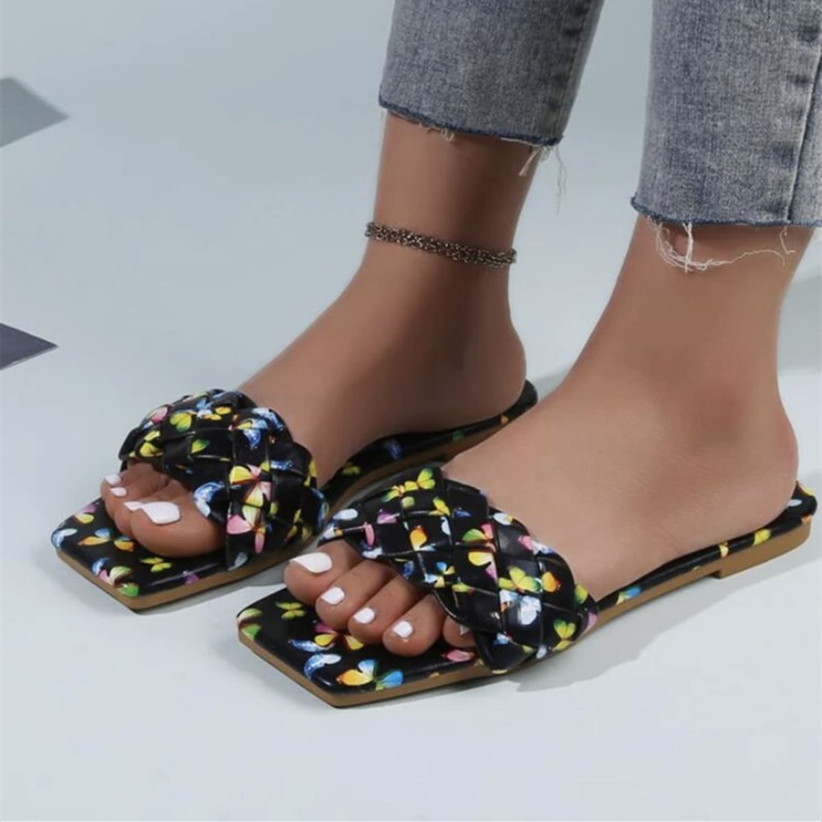 

Butterfly Print Braided Slide Sandals, Black