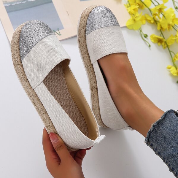 

Glitter Decor Flatform Espadrilles, Beige