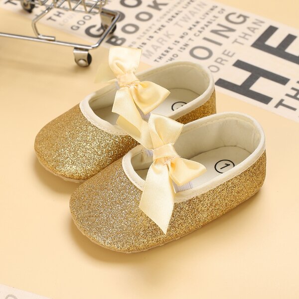 

Baby Girls Bow Decor Glitter Flats, Gold