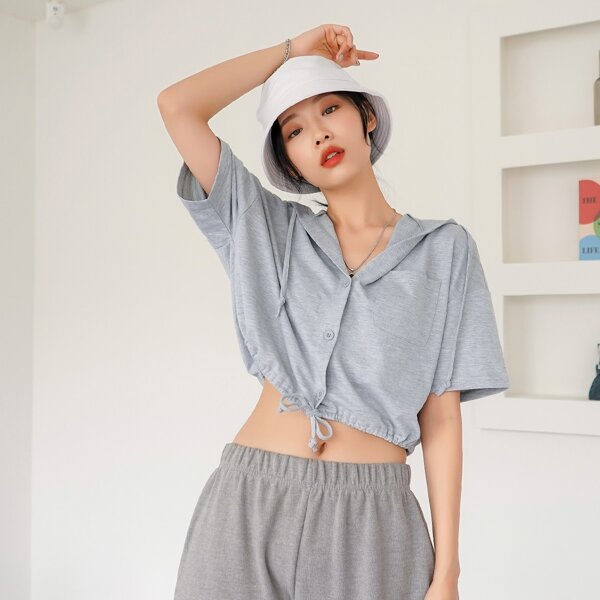 

Button Front Drawstring Hem Hooded Sweatshirt, Light grey