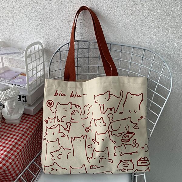 

Cartoon Graphic Decor Shopper Bag, Beige