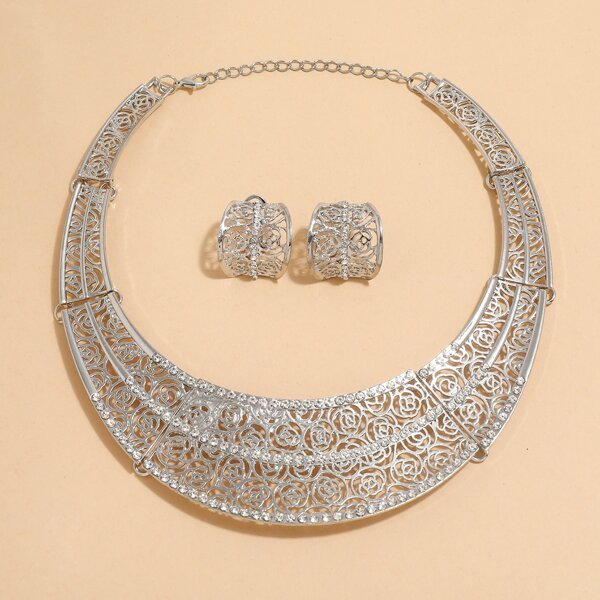 

3pcs Hollow Out Alloy Jewelry Set, Silver