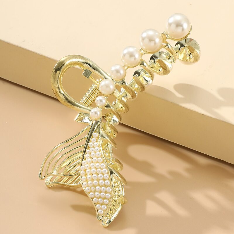 

1pc Faux Pearl Hair Claw, Gold