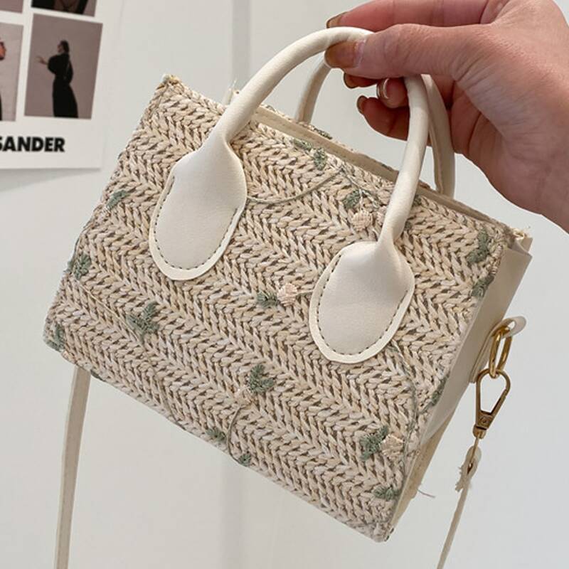 

Flower Embroidered Straw Bag, Beige
