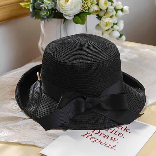 

Bow Decor Straw Hat, Black