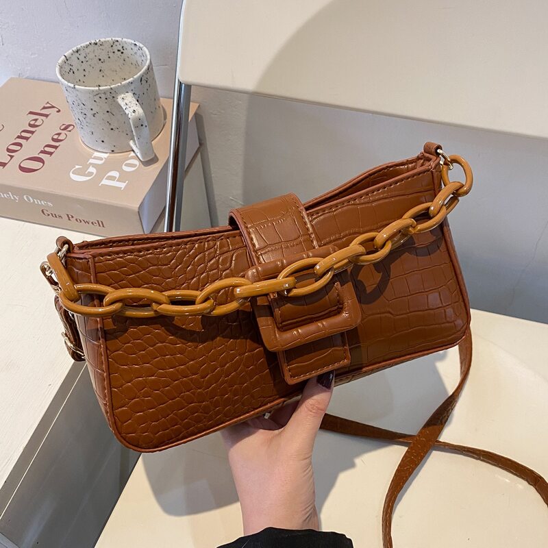 

Croc Embossed Chain Satchel Bag, Brown