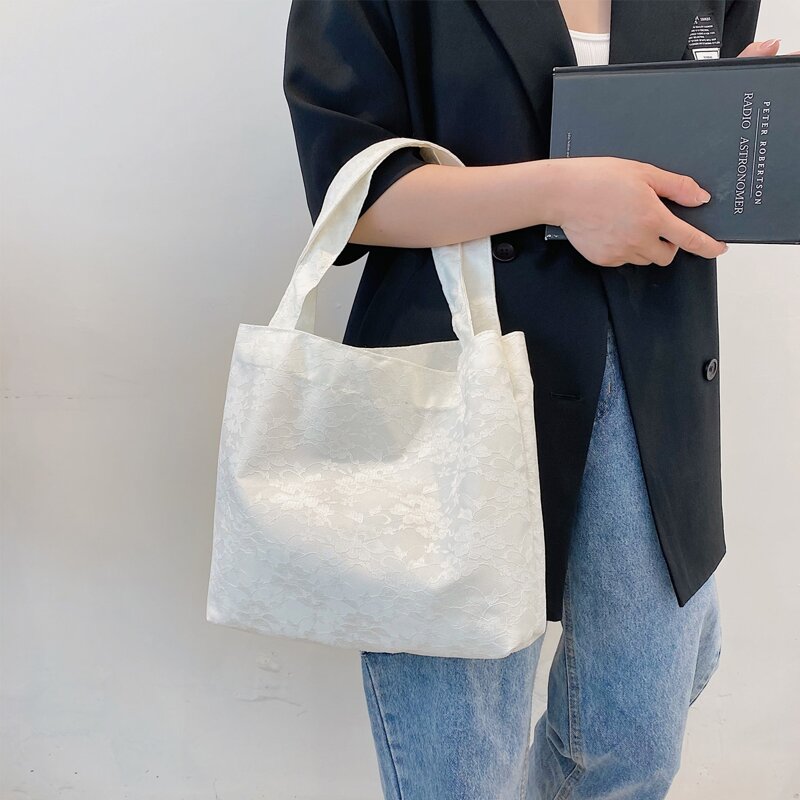 

Solid Lace Decor Shopper Bag, White