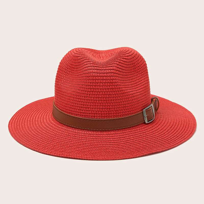 

Belt Decor Straw Hat, Red
