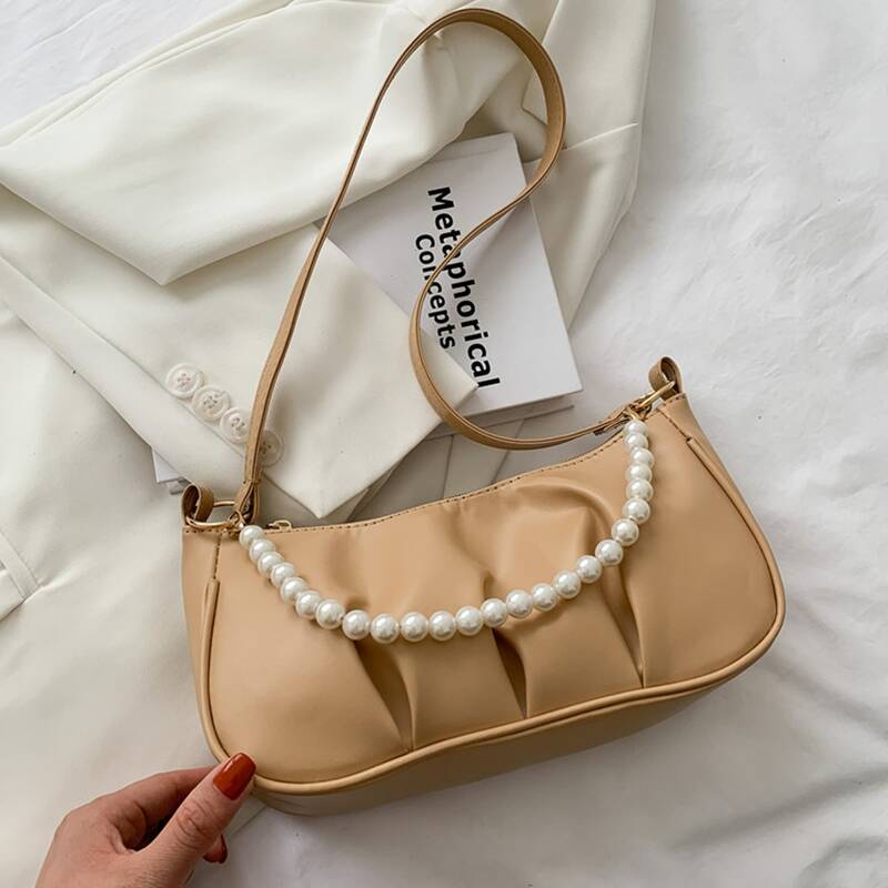 

Faux Pearl Decor Ruched Shoulder Bag, Khaki