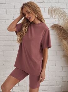 EMERY ROSE Solid Tee & Biker Shorts Set - Purple - View 4