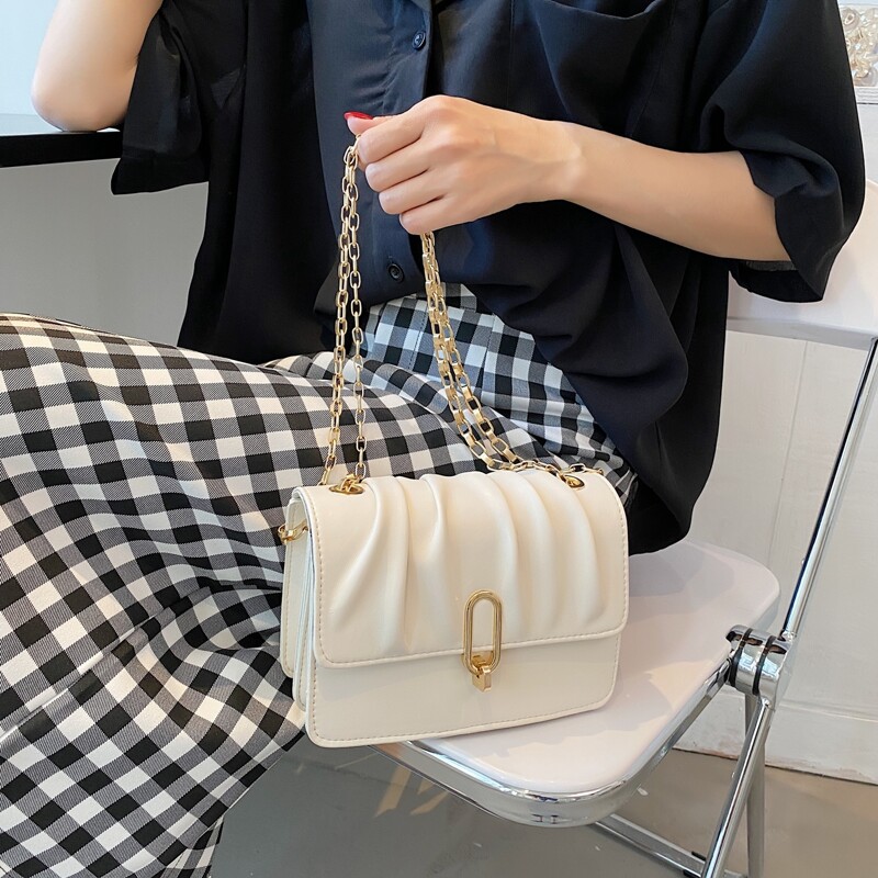 

Ruched Chain Crossbody Bag, Beige