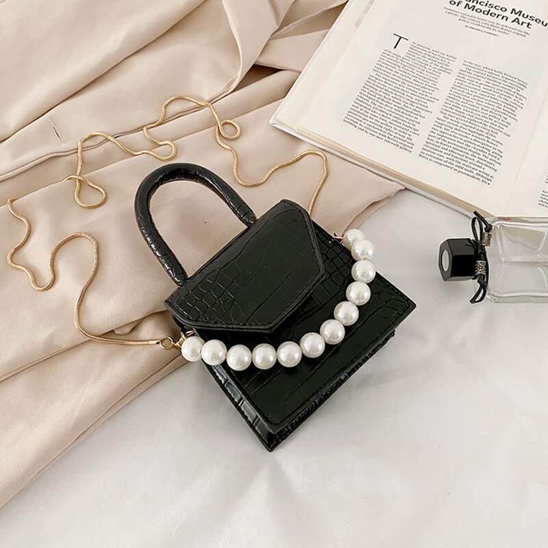 

Mini Faux Pearl Decor Satchel Bag, Black
