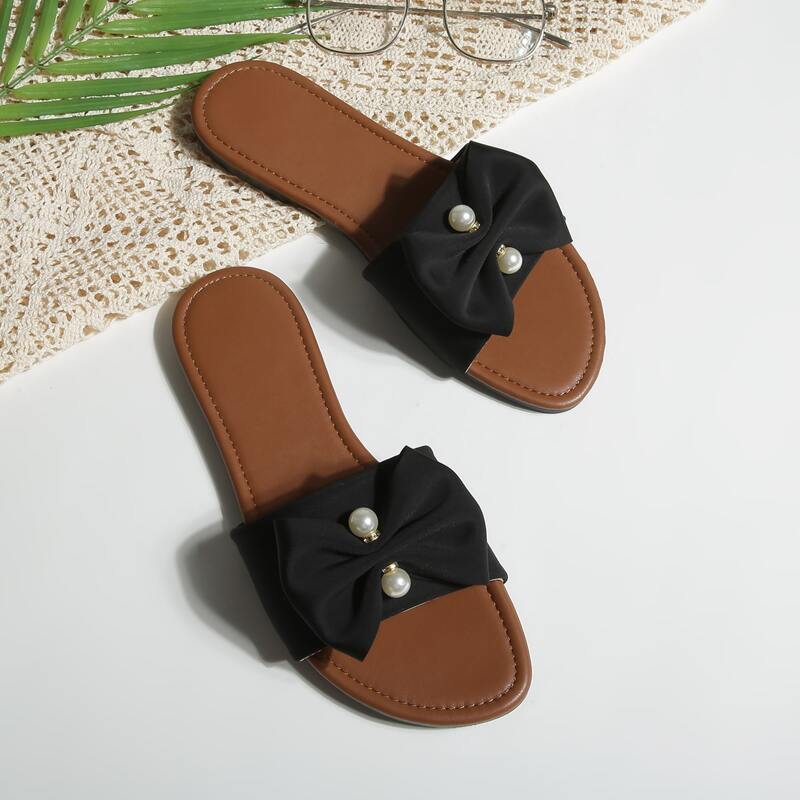 

Faux Pearl & Bow Decor Slide Sandals, Black