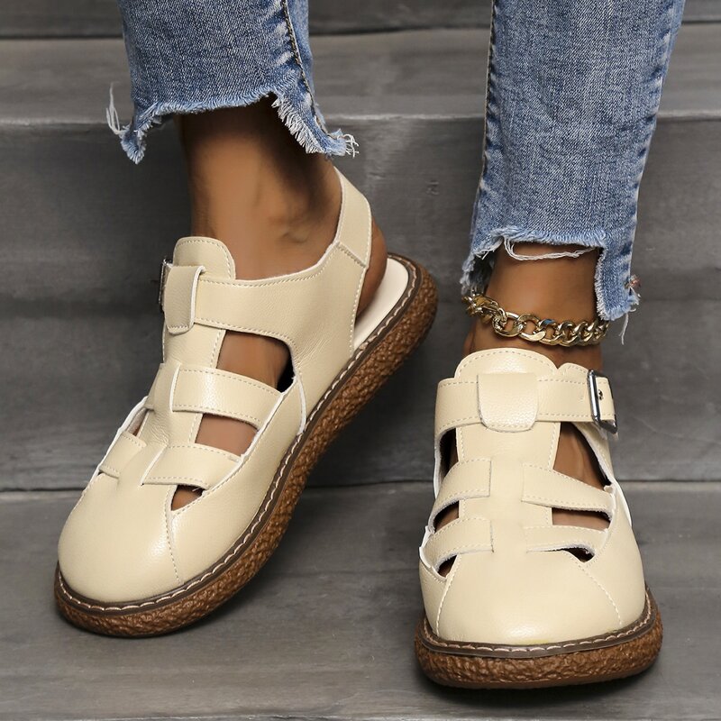 

Velcro Strap Flat Gladiator Sandals, Beige