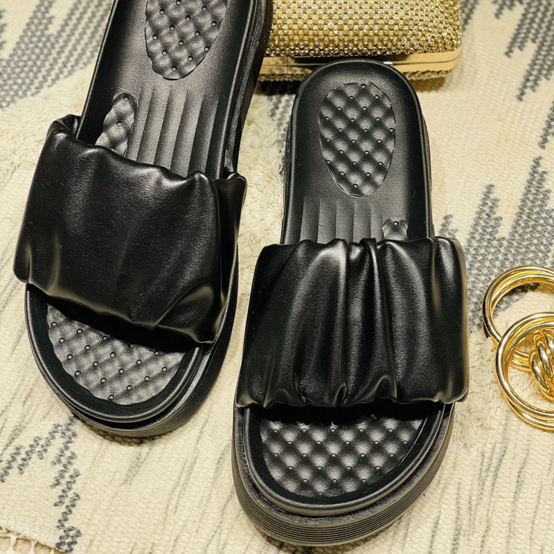 

Ruched Flatform Mules, Black