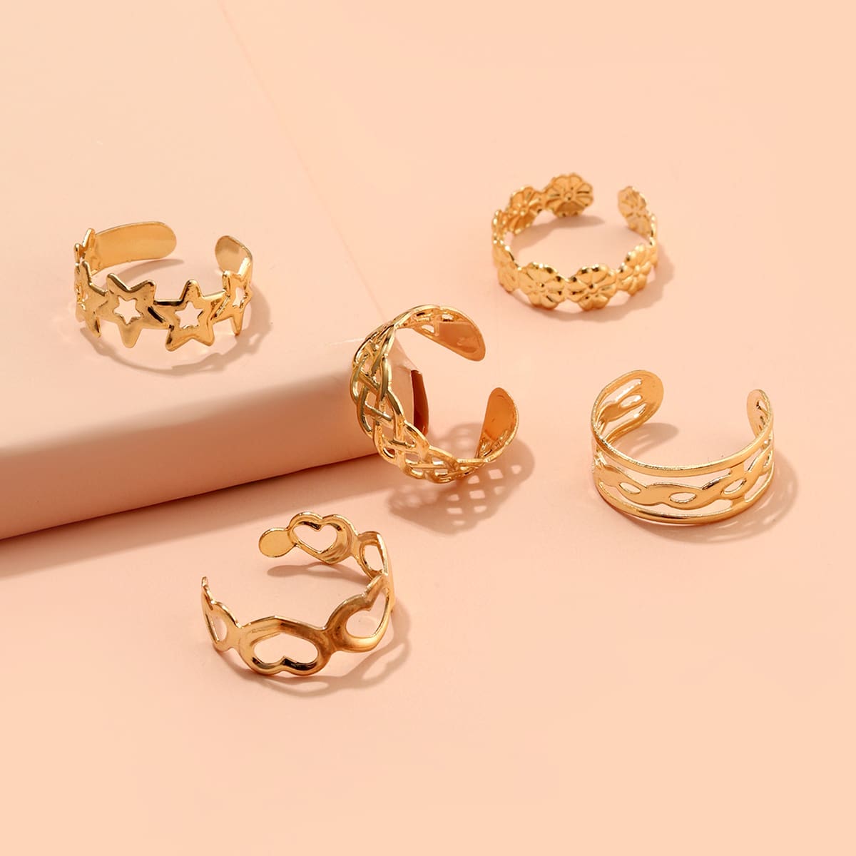 

5pcs Hollow Out Star & Heart Toe Ring, Gold