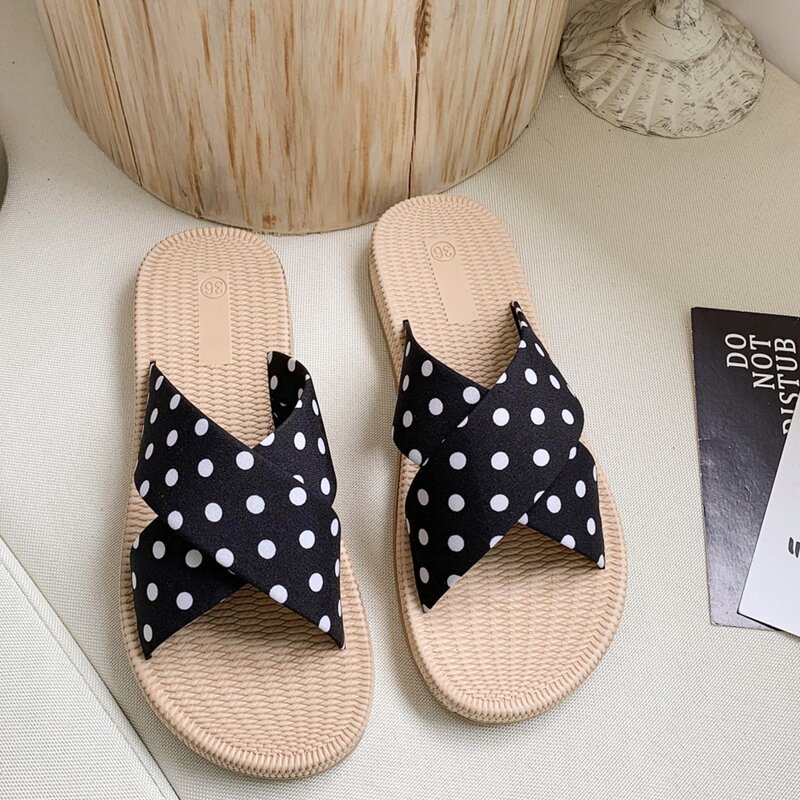 

Polka Dot Cross Band Slide Sandals, Black