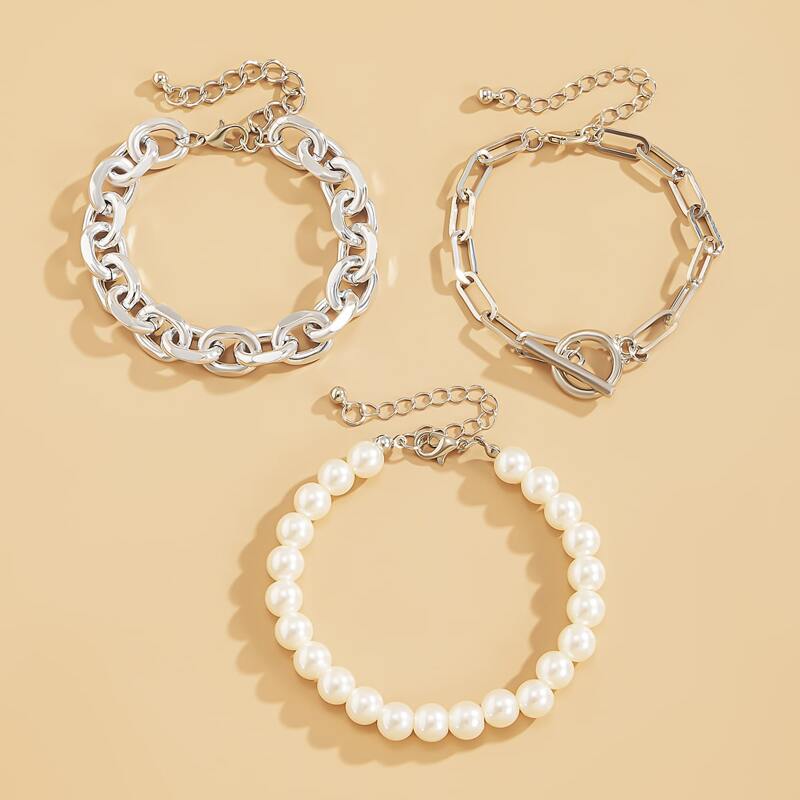 

3pcs Simple Chain Bracelet, Silver