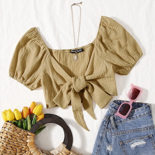 

Puff Sleeve Tie Front Crop Top, Khaki