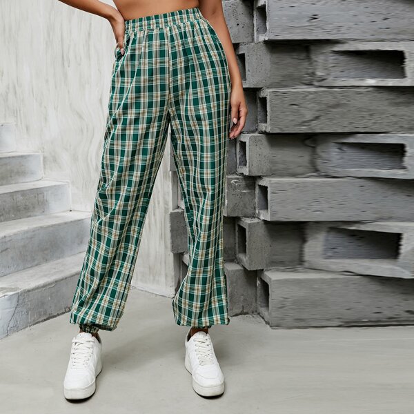 

Elastic Waist Tartan Print Carrot Pants, Multicolor
