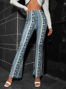 SHEIN VCAY Striped & Floral Print Flare Leg Trousers - Multicolor - View 6