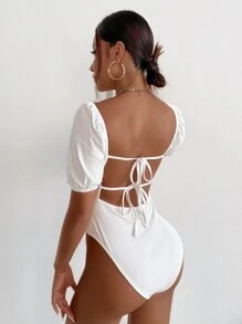 Body de espalda abierta con cordón de manga farol - Blanco - Ver 1