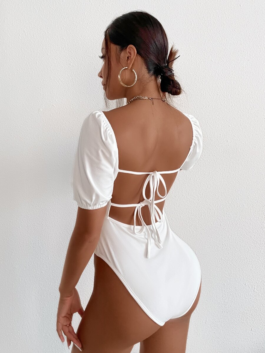 Body de espalda abierta con cordón de manga farol - Blanco - Ver 1